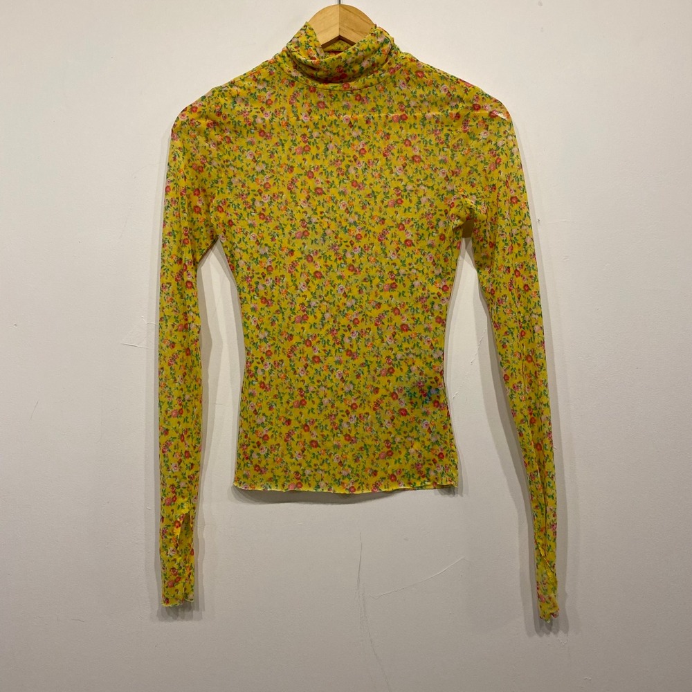 AFRM Zadie Yellow Floral Mesh Turtleneck Top Long Sleeve Thumbhole Small